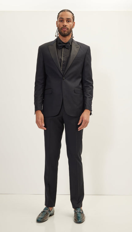 SUPER 180S WOOL & SILK SINGLE BREASTED TUXEDO SUIT - JET BLACK - Ron Tomson