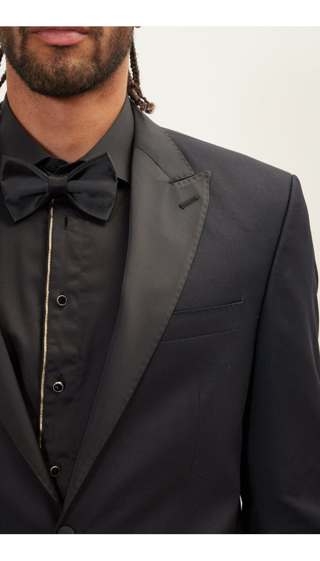 SUPER 180S WOOL & SILK SINGLE BREASTED TUXEDO SUIT - JET BLACK - Ron Tomson