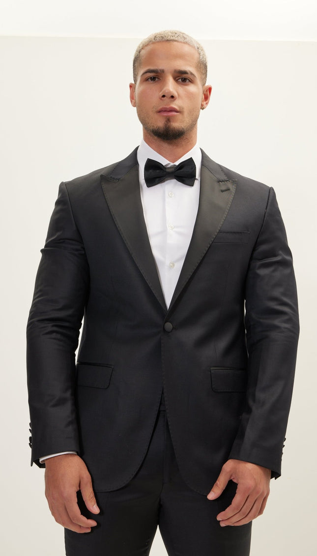 Super 180S Wool & Silk Single Breasted Tuxedo Suit- Matte Black - Ron Tomson