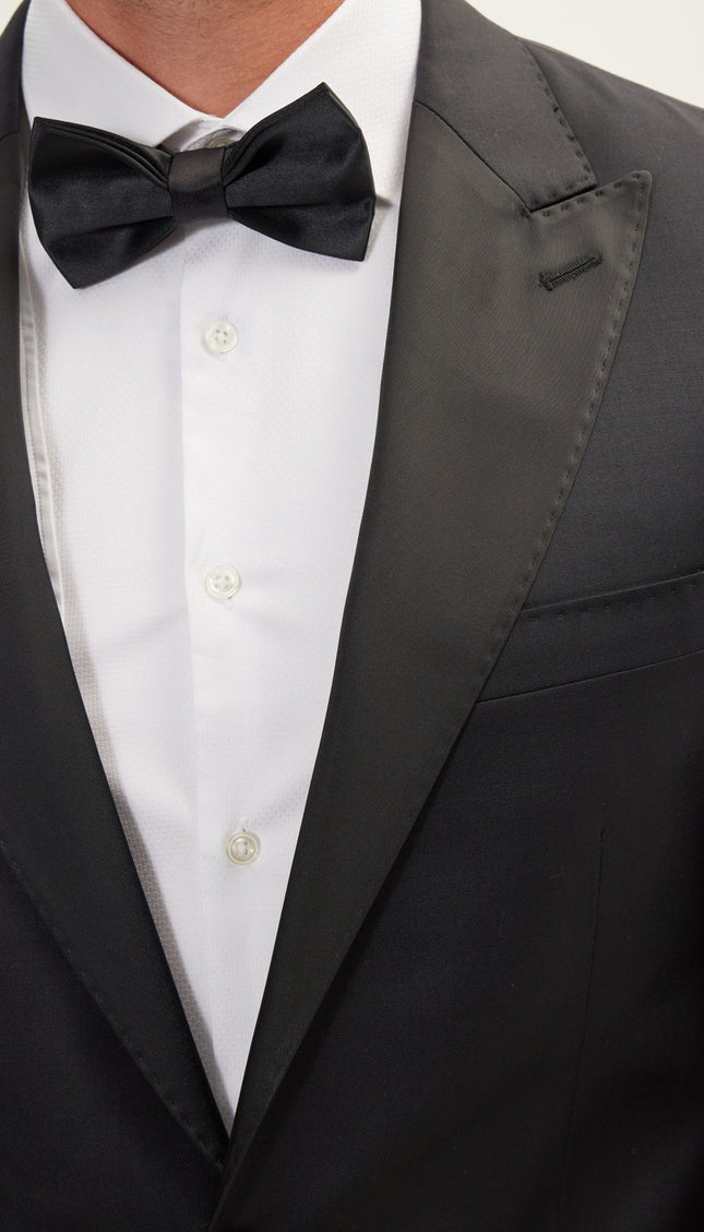 Super 180S Wool & Silk Single Breasted Tuxedo Suit- Matte Black - Ron Tomson