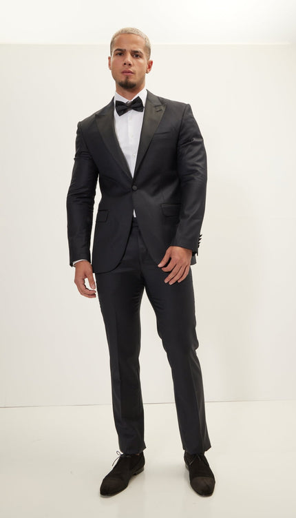 Super 180S Wool & Silk Single Breasted Tuxedo Suit- Matte Black - Ron Tomson