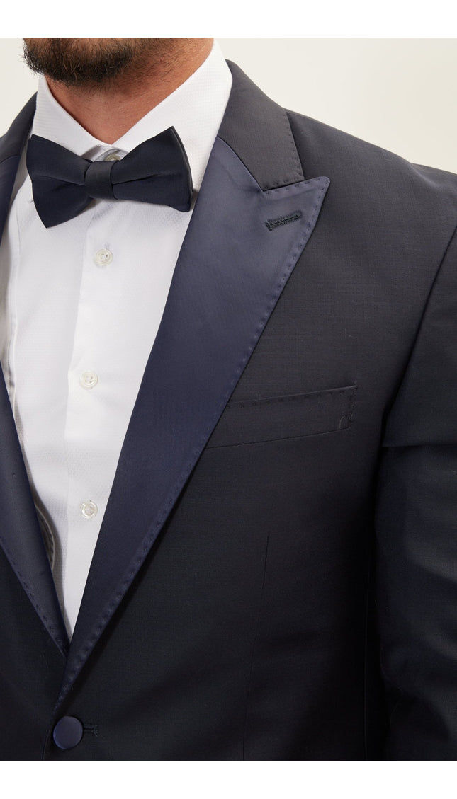 Super 180S Wool & Silk Single Breasted Tuxedo Suit - Navy - Ron Tomson