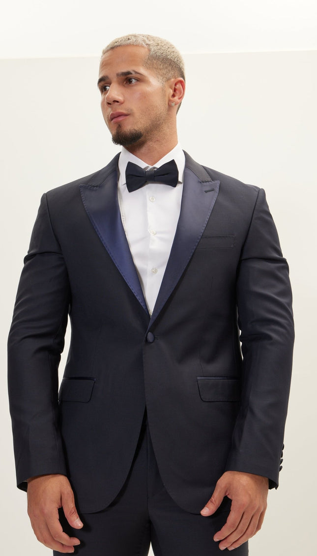 Super 180S Wool & Silk Single Breasted Tuxedo Suit - Navy - Ron Tomson