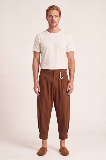 Single-Pleat Harem Casual Pants - Brown