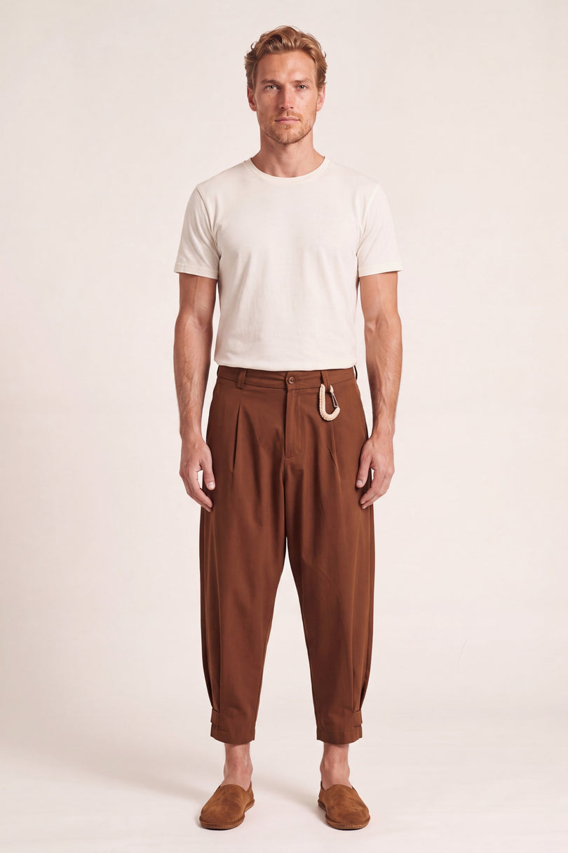 Single-Pleat Harem Casual Pants - Brown