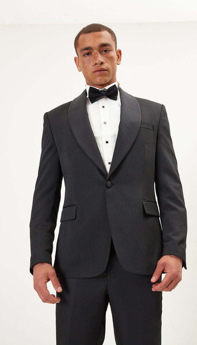 Swiss Dot Embroidery Shawl Lapel Tuxedo Jacket - Black - Ron Tomson
