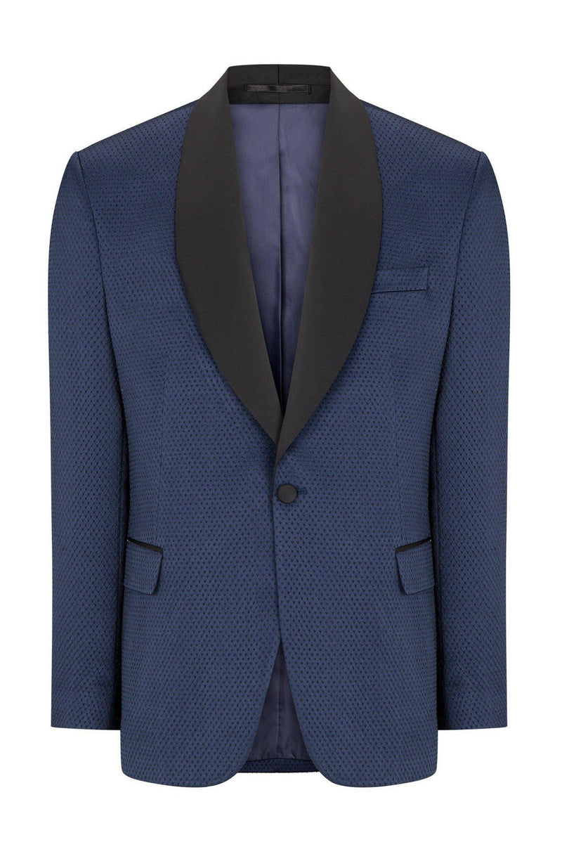 Swiss Dot Embroidery Shawl Lapel Tuxedo Jacket - Navy - Ron Tomson