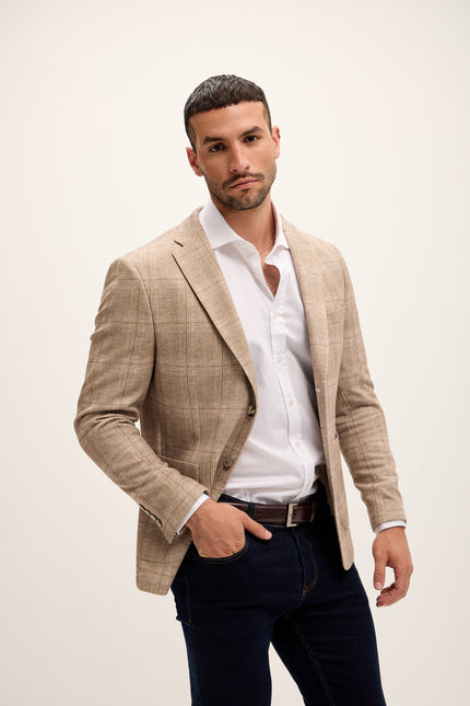 Tailored Fit Patch Pocket Jacket - Beige Brown Windowpane - Ron Tomson