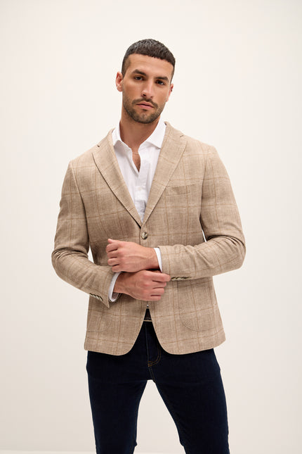 Tailored Fit Patch Pocket Jacket - Beige Brown Windowpane - Ron Tomson