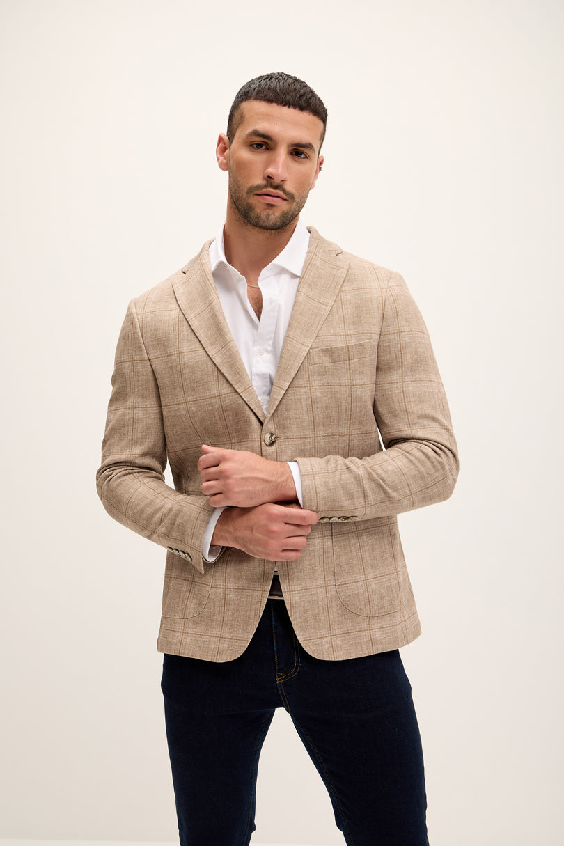 Tailored Fit Patch Pocket Jacket - Beige Brown Windowpane - Ron Tomson