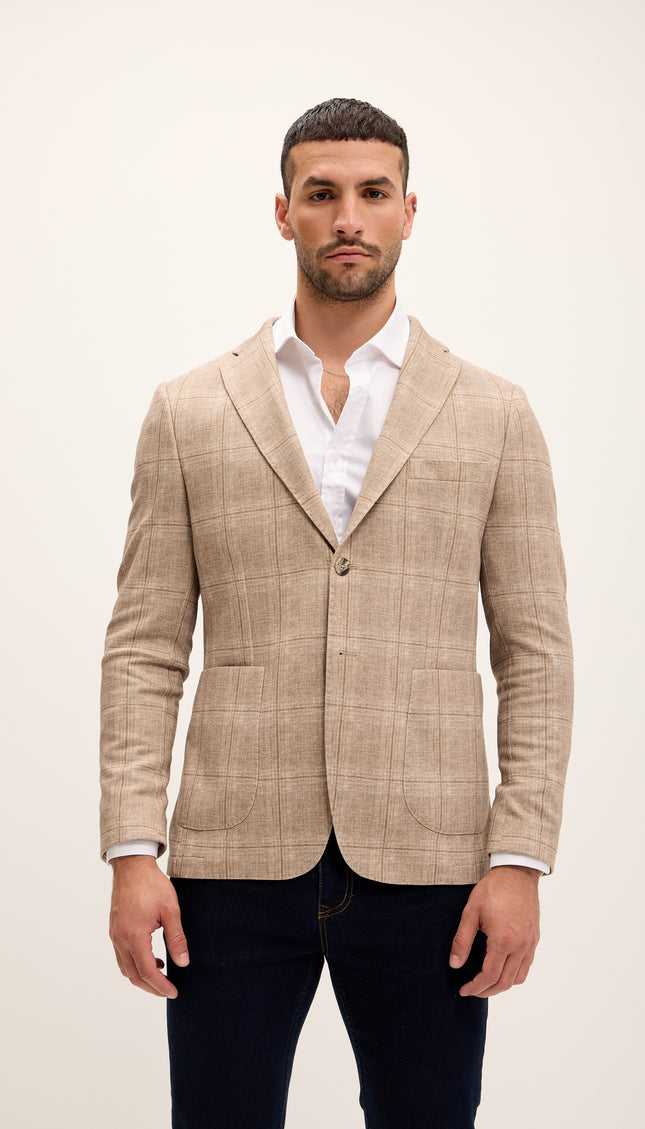 Tailored Fit Patch Pocket Jacket - Beige Brown Windowpane - Ron Tomson