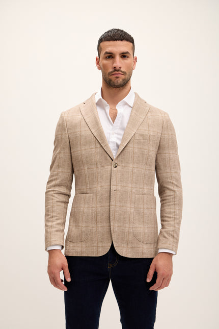 Tailored Fit Patch Pocket Jacket - Beige Brown Windowpane - Ron Tomson