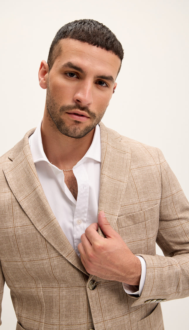 Tailored Fit Patch Pocket Jacket - Beige Brown Windowpane - Ron Tomson