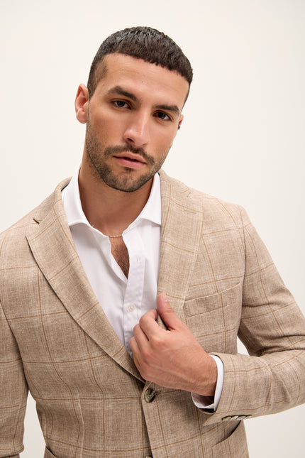 Tailored Fit Patch Pocket Jacket - Beige Brown Windowpane - Ron Tomson
