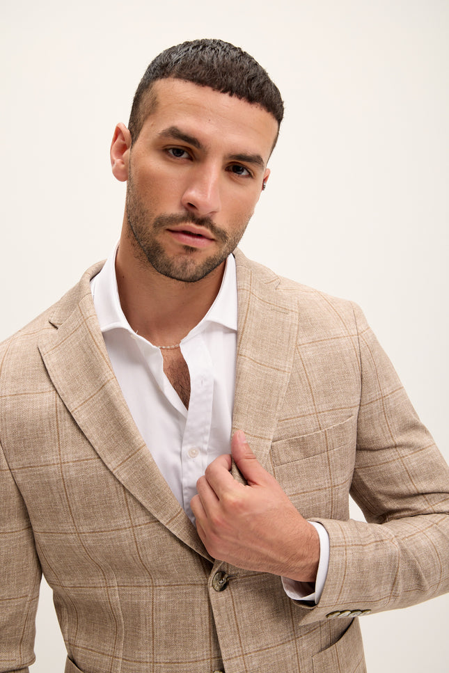 Tailored Fit Patch Pocket Jacket - Beige Brown Windowpane - Ron Tomson