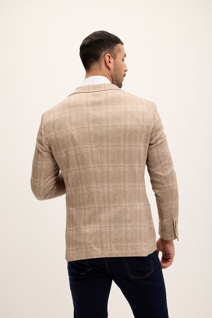 Tailored Fit Patch Pocket Jacket - Beige Brown Windowpane - Ron Tomson