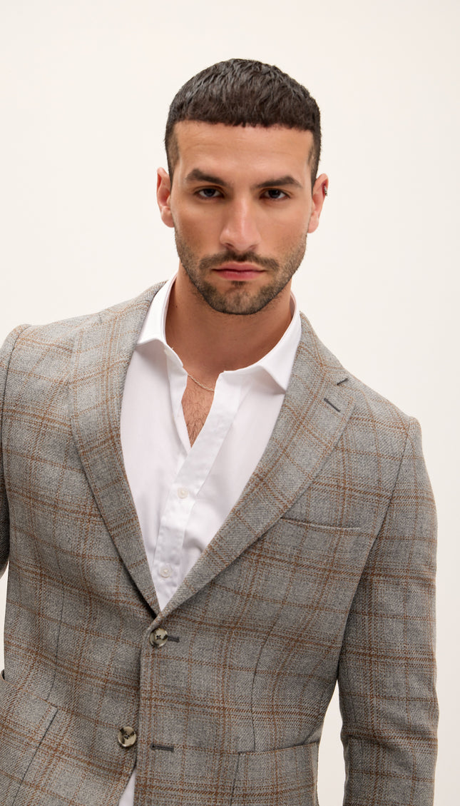 Tailored Fit Patch Pocket Jacket - Grey Brown - Ron Tomson