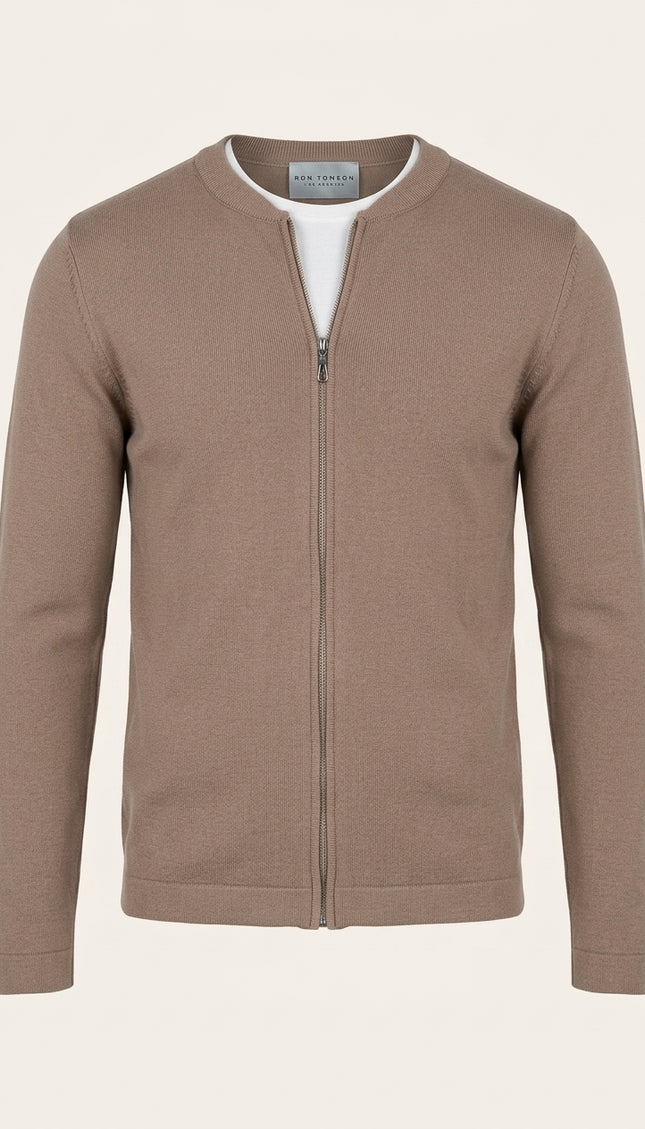 Tailored Full-Zip Cardigan - Taupe - Front