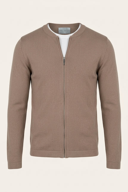 Tailored Full-Zip Cardigan - Taupe - Front