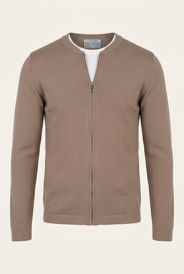 Tailored Full-Zip Cardigan - Taupe - Front