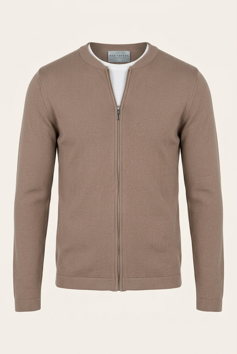 Tailored Full-Zip Cardigan - Taupe - Front