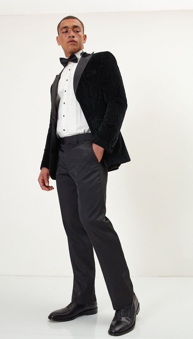 Textured Italian Velvet Textured Tuxedo Jacket- Jet Black - Ron Tomson