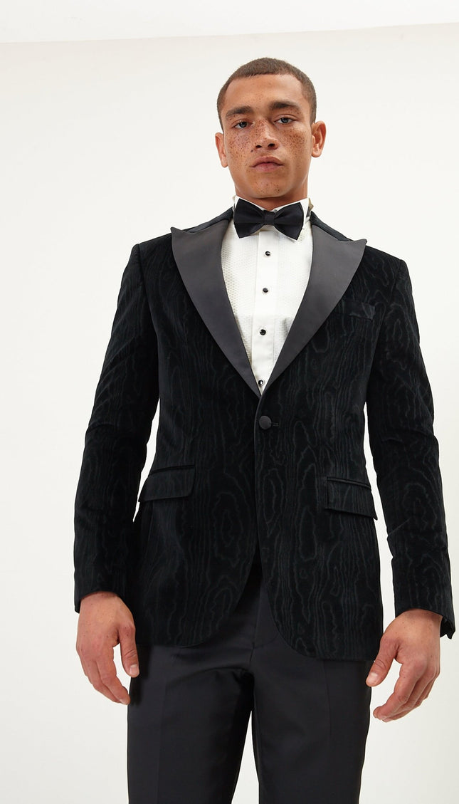 Textured Italian Velvet Textured Tuxedo Jacket- Jet Black - Ron Tomson