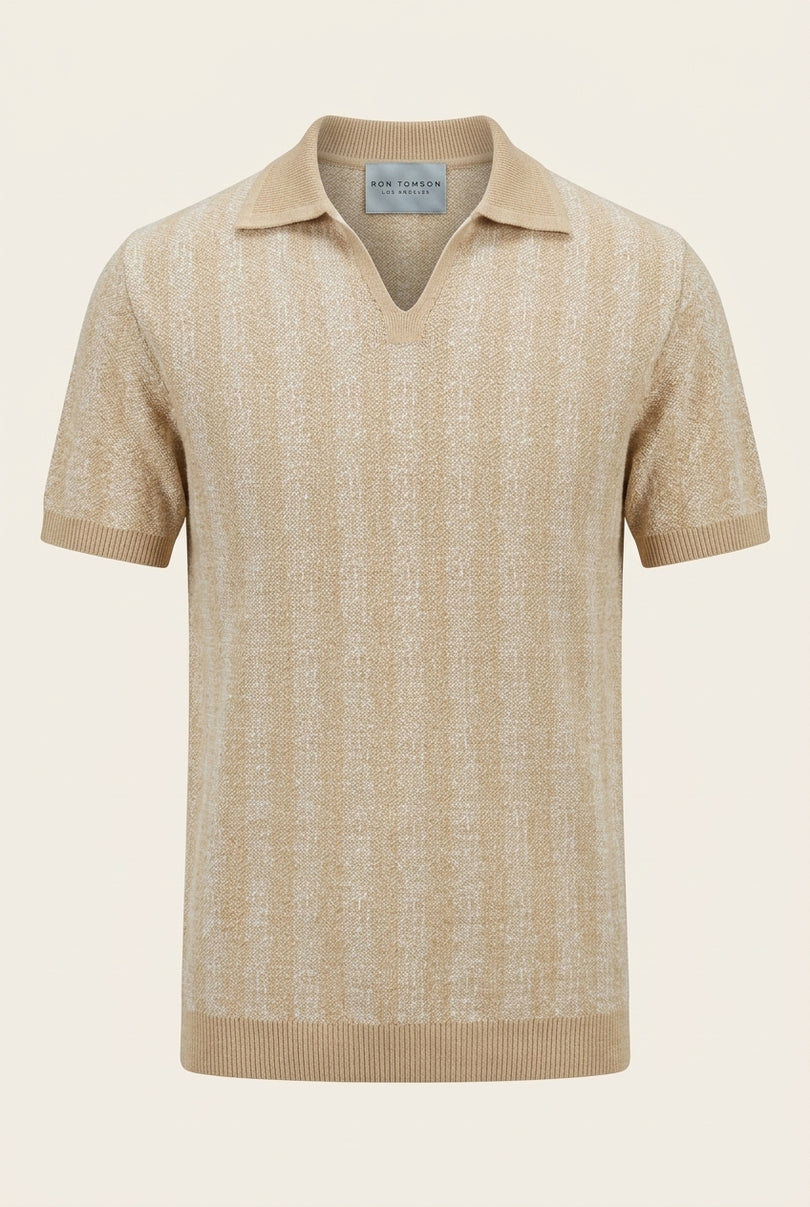 Textured Knit Polo Shirt - Beige - Front