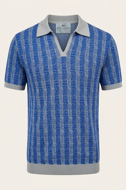 Textured Knit Polo Shirt - Blue - Front