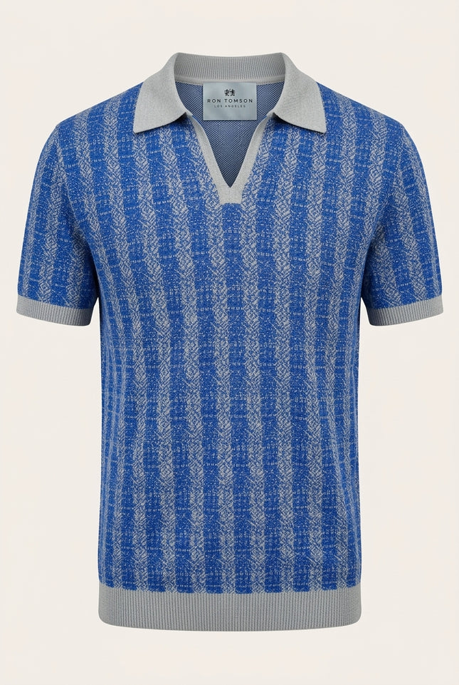 Textured Knit Polo Shirt - Blue - Front