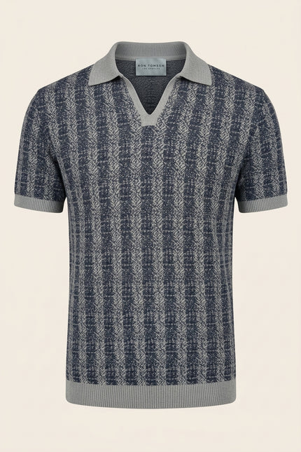 Textured Knit Polo Shirt - Navy - Front