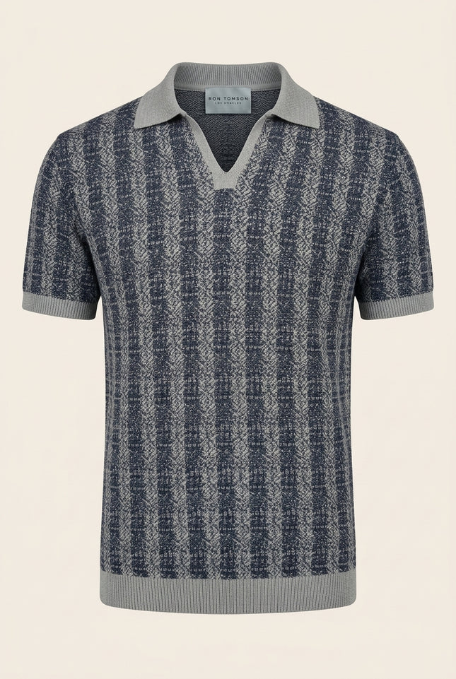 Textured Knit Polo Shirt - Navy - Front