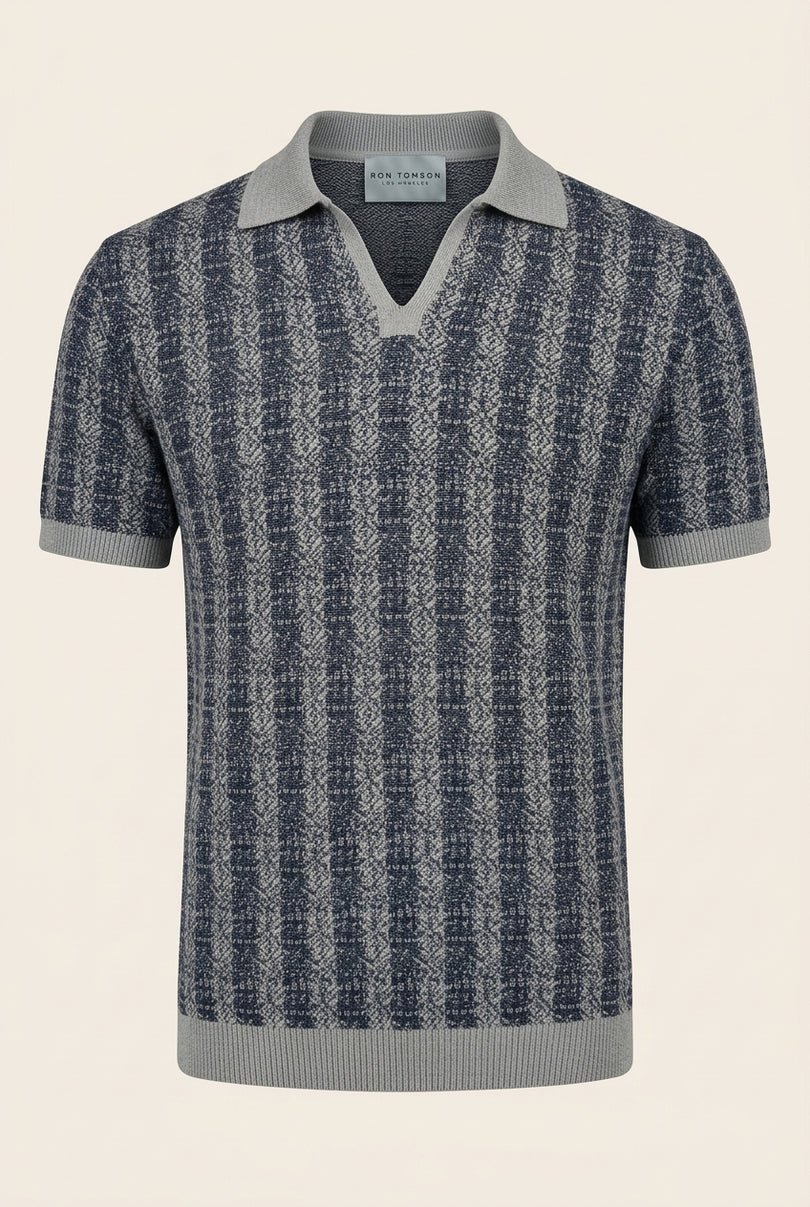 Textured Knit Polo Shirt - Navy - Front