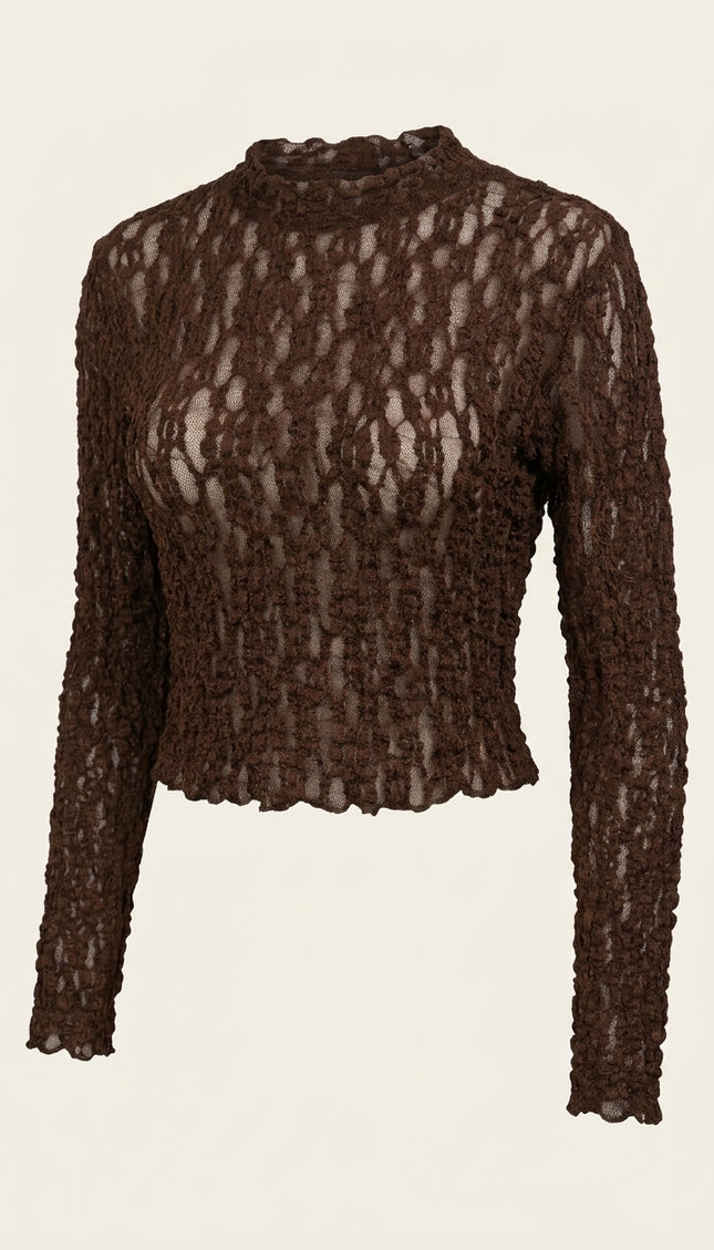 Textured Long-Sleeve Top - Brown - Front