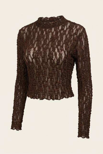 Textured Long-Sleeve Top - Brown - Front