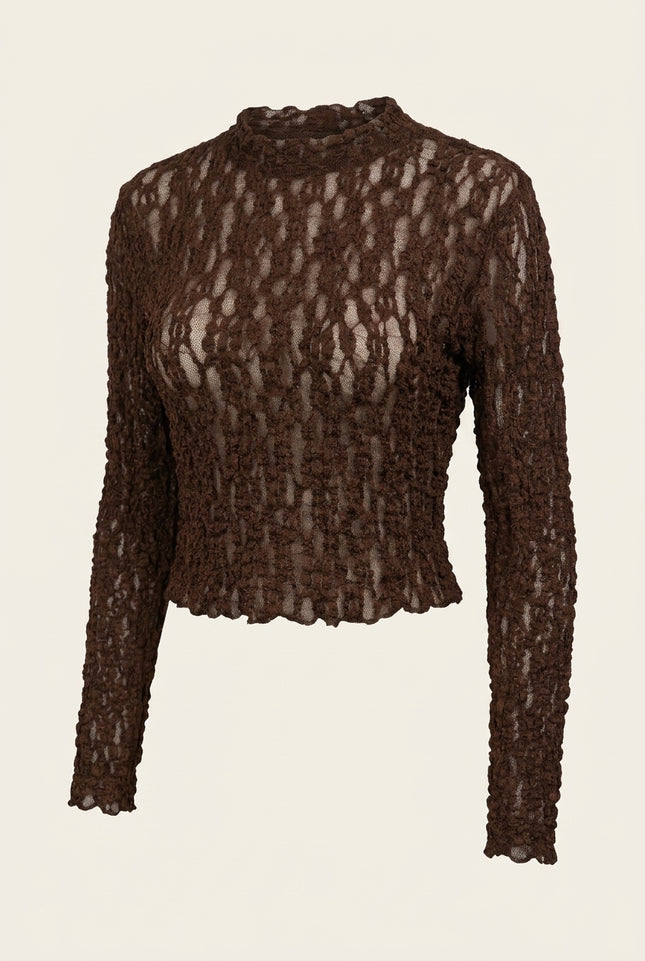 Textured Long-Sleeve Top - Brown - Front