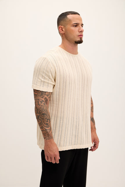 Textured Oversized Knitted T-shirt - Beige - Ron Tomson
