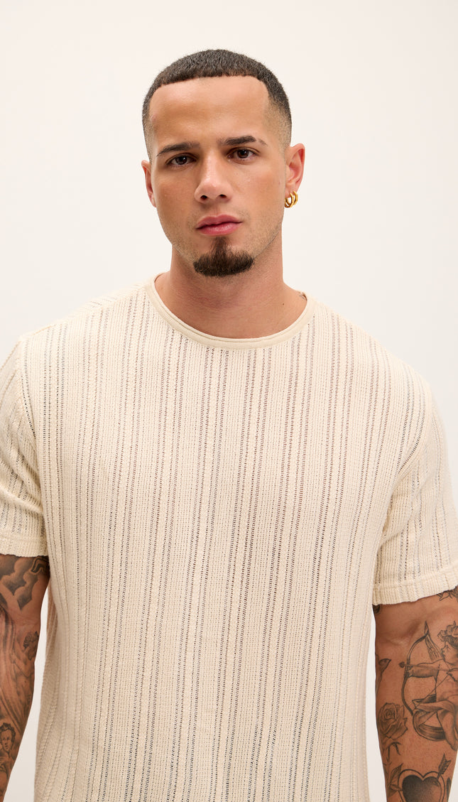 Textured Oversized Knitted T-shirt - Beige - Ron Tomson