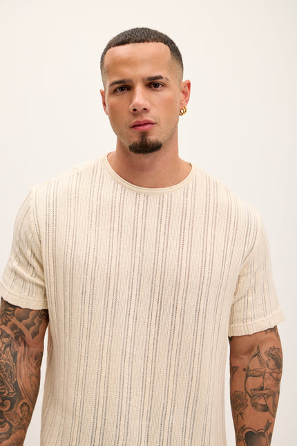 Textured Oversized Knitted T-shirt - Beige - Ron Tomson