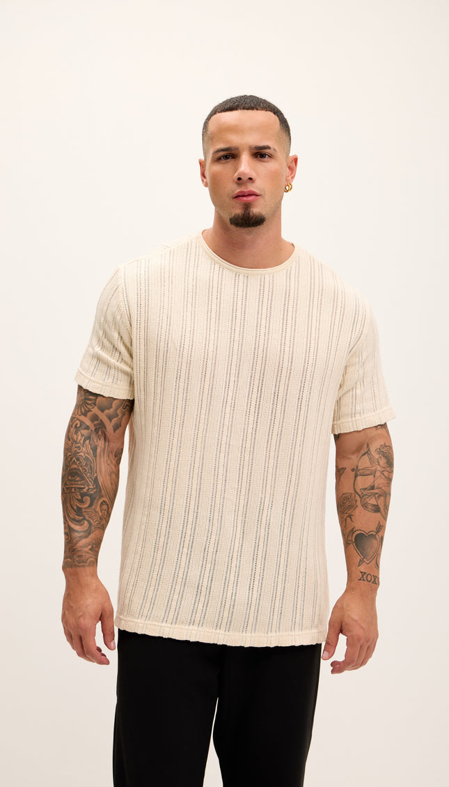 Textured Oversized Knitted T-shirt - Beige - Ron Tomson
