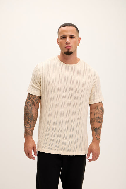 Textured Oversized Knitted T-shirt - Beige - Ron Tomson