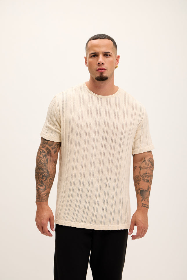 Textured Oversized Knitted T-shirt - Beige - Ron Tomson