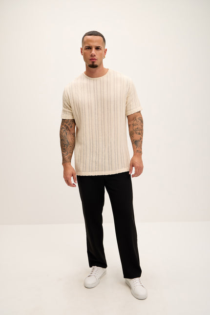 Textured Oversized Knitted T-shirt - Beige - Ron Tomson