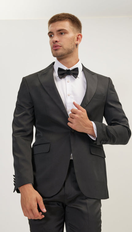 Textured Peak Lapel Tuxedo Jacket - Black - Ron Tomson