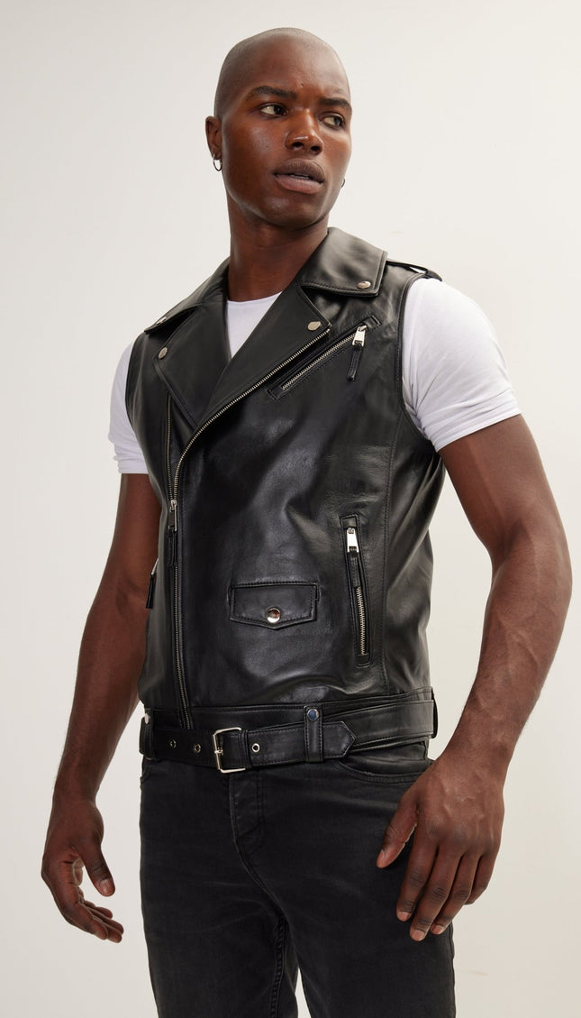 The Asymmetric Zipper Closure Leather Vest - Black - Ron Tomson