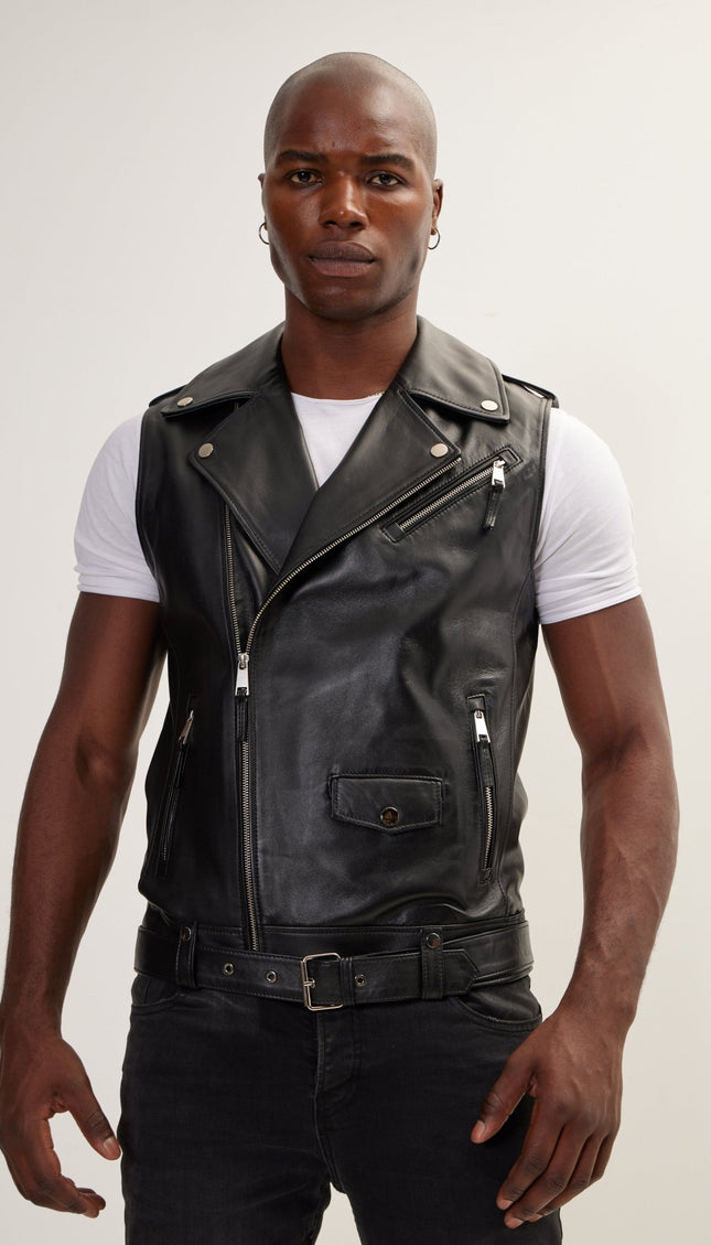 The Asymmetric Zipper Closure Leather Vest - Black - Ron Tomson
