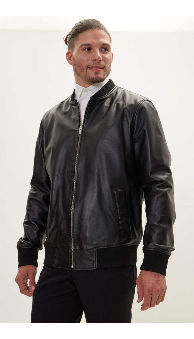 The Classic Leather Bomber Jacket - Black - Ron Tomson