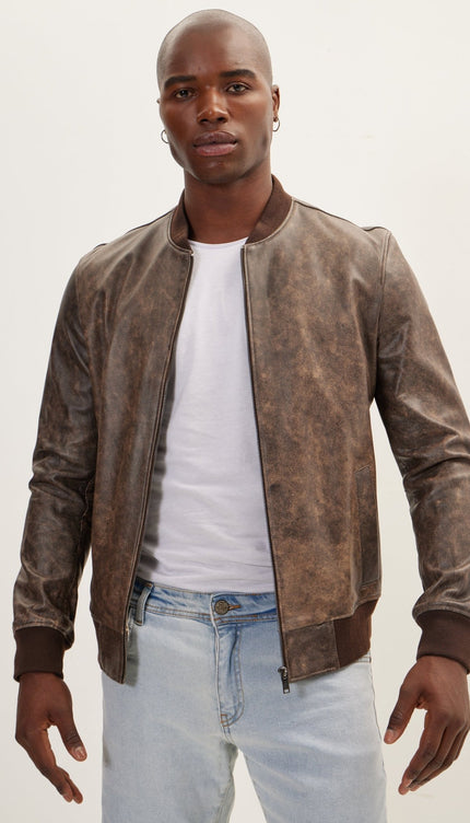 The Classic Leather Bomber Jacket - Brown - Ron Tomson