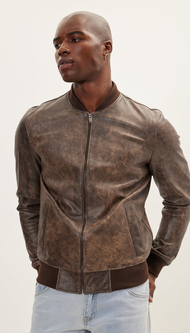 The Classic Leather Bomber Jacket - Brown - Ron Tomson