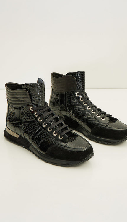 The Croc Hi - Top Leather Sneaker Boots - Black Patent - Ron Tomson